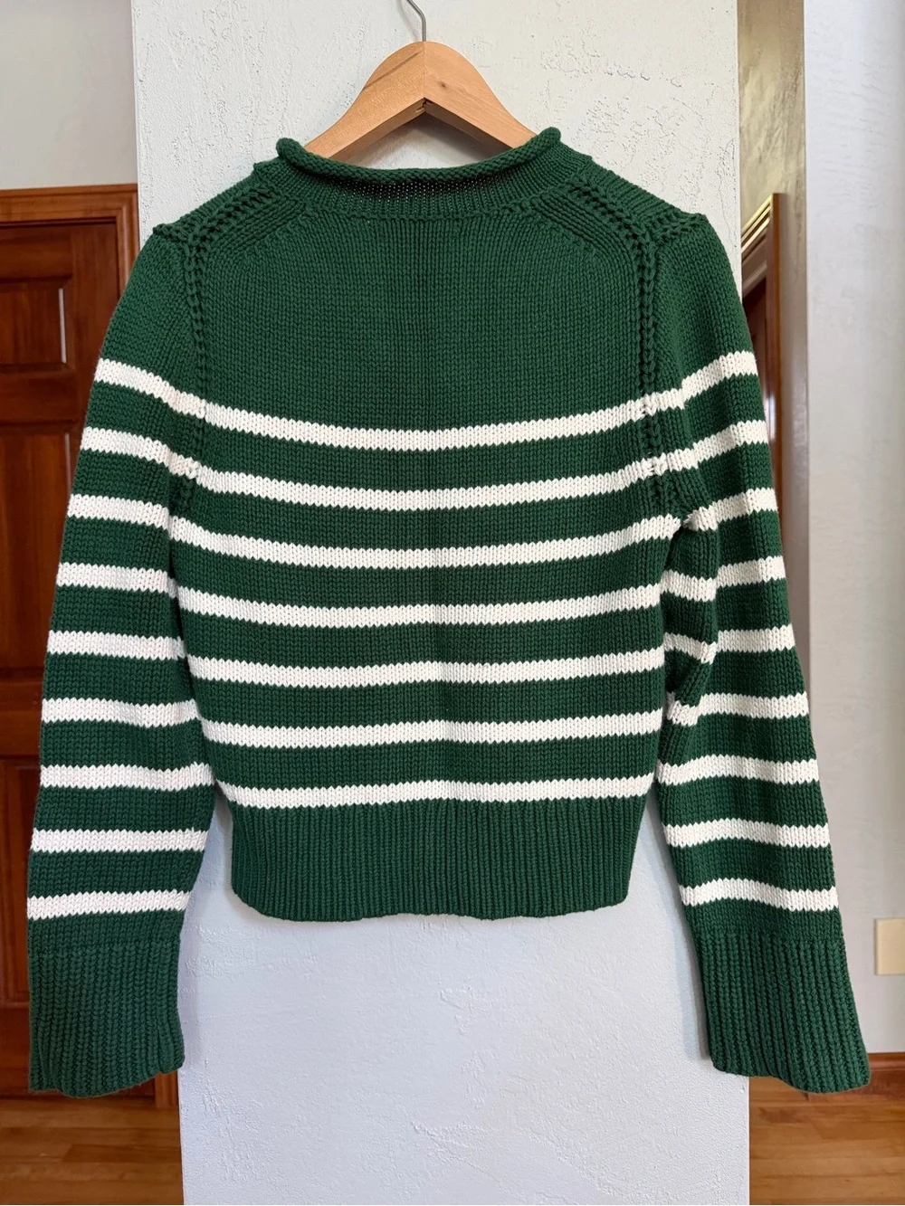 J Crew Heritage Cotton Roll-Neck Green White Striped Sweater - Picture 3 of 6